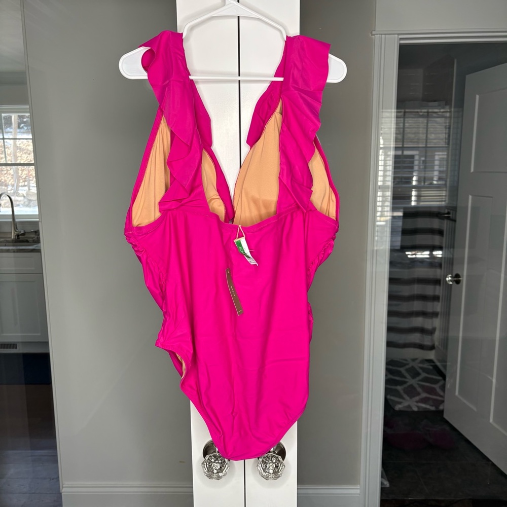 NWT J. Crew Ruched Ruffle One-piece Swimsuit Pink Barbie - Picture 3 of 6